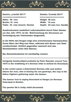 King Limitaet 2017 | Defending The Homeland Antique Style Beer Stein -Luxury Cupware Shop Certificate Back Limitaet 2017 13725.1489787589